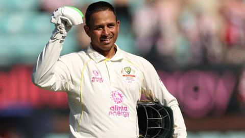 Australia batter Usman Khawaja celebrates his century against England in the Ashes at the SCG