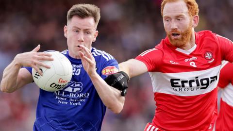 Derry skipper Conor Glass challenges Karl O'Connell for possession