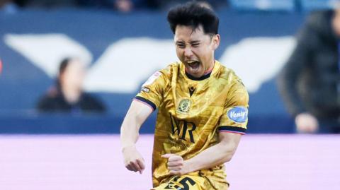 Ryoya Morishita celebrates scoring for Blackburn at Millwall