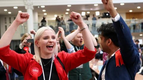 British Labour Party candidates and supporters celebrate after the Labour gain of Westminster City Council during local elections, at Lindley Hall in Westminster