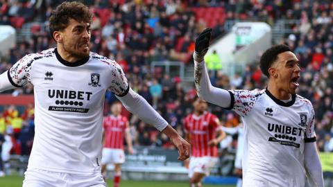 Matt Crooks and Aaron Ramsey celebrate Middlesbrough's equaliser in their 2-2 draw at Bristol City