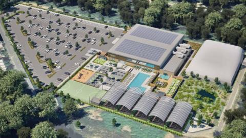 An artist's impression of what a new leisure complex could look like, complete with outdoor pool, tennis courts, parking several large structures, a green area and trees all around it. 