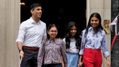 Rishi Sunak with his daughters and wife outside No 10 Downing Street