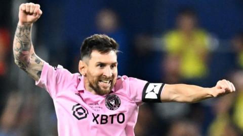 Inter Miami's Argentine forward Lionel Messi celebrates after winning the Leagues Cup final football match against Nashville SC