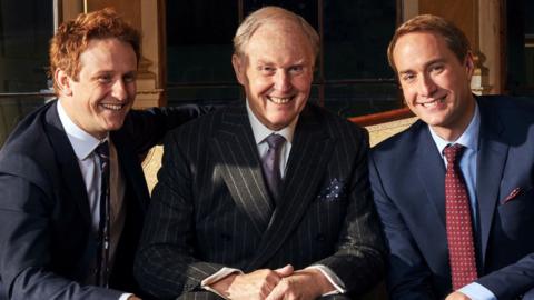 Prince Harry (Richard Goulding), King Charles III (Tim Pigott-Smith), Prince William (Oliver Chris) in King Charles III