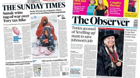 Composite image of the Sunday Times and Observer front pages.