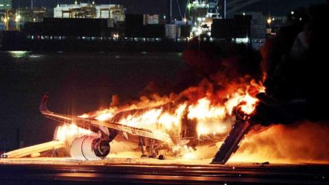 Japan Airlines Flight 516 in flames at Haneda Airport