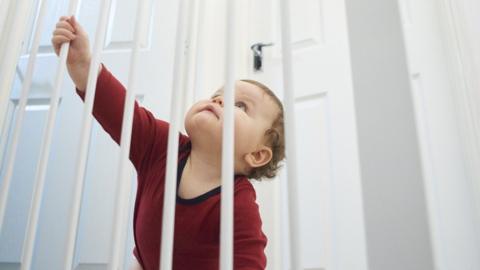 A child holding on to a stair gate