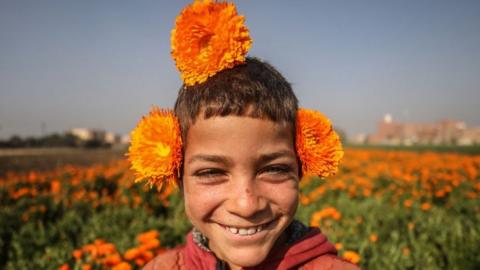 A child poses with chrysanthemums during its harvest in Faiyum, Egypt on March 08, 2024. Usually used for medications and cosmetics, most of the harvest is exported to overseas. (Photo by Mohamed Elshahed/