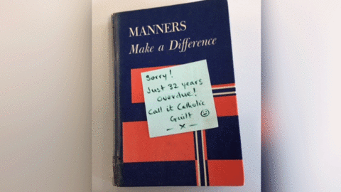 Good Manners Make A Difference book with note: Sorry! Just 32 years overdue! Call it Catholic guilt."