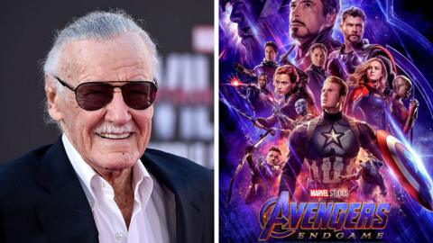 Stan Lee and the poster for Avengers: Endgame