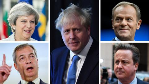 Composite image of Theresa May, Nigel Farage, Boris Johnson, Donald Tusk and David Cameron
