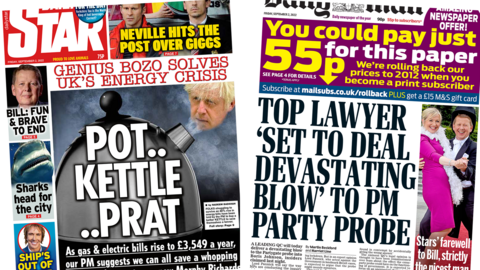 The headline in the Daily Star reads 'Pot..Kettle..Prat' and the headline in the Daily Mail reads 'Top lawyer 'set to deal devastating blow' to PM party probe