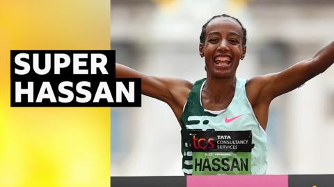 Sifan Hassan celebrates winning the London marathon on her marathon debut