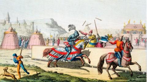 This 1820 artwork shows 12th Century armoured knights jousting at a tournament