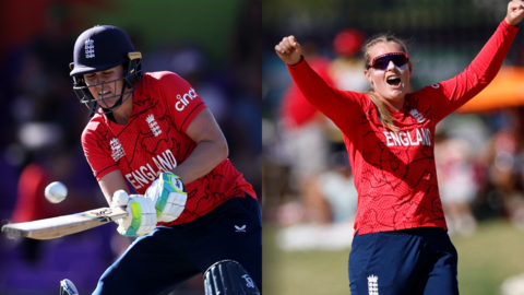 England's Nat Sciver-Brunt plays a shot while Sophie Ecclestone celebrates a wicket