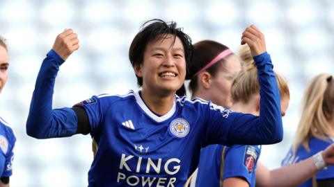 Saori Takarada celebrates after scoring for Leicester City against Bristol City