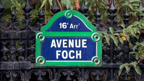 A street sign for Avenue Foch in Paris, the site of luxury Saudi-owned apartments