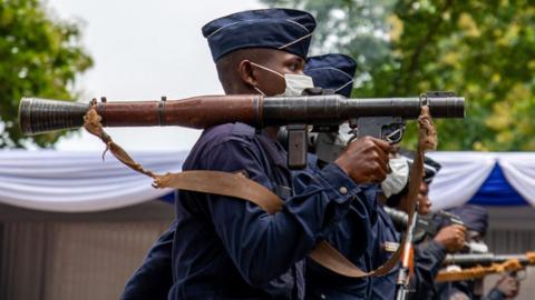 Central Africa Republic's armed forces parade to celebrate the 61st anniversary of independence at Camp Kasai in Bangui on August 13, 2021