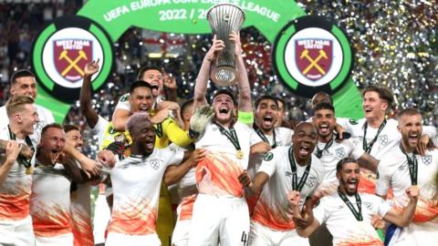 West Ham players celebrate with Europa Conference League trophy
