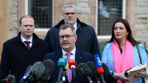 DUP leader Jeffrey Donaldson with party colleagues