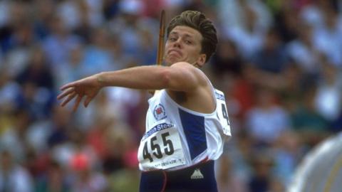 Steve Backley works up a javelin throw at the 1991 games