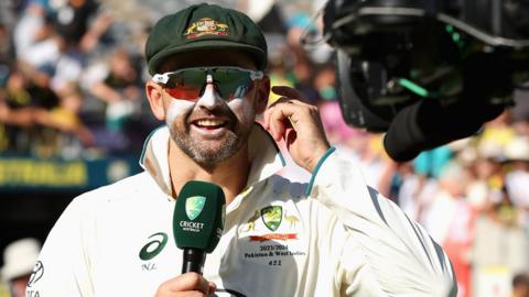 Nathan Lyon speaks to TV after taking 500 Test wickets