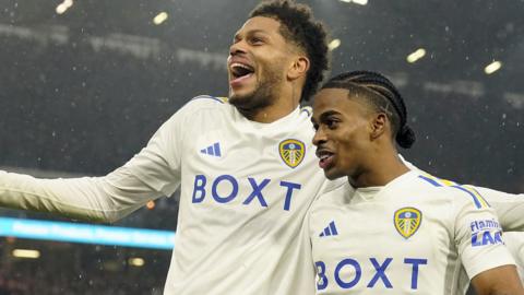 Leeds United players celebrate in the win over Rotherham United