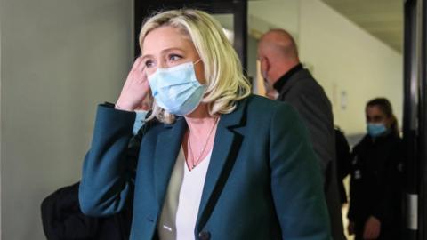French member of Parliament and president of the Rassemblement National far-right party Marine Le Pen outside court on 10 February