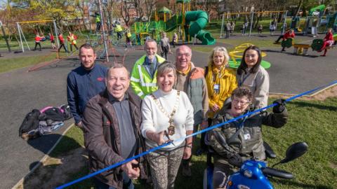 North Yorkshire Council Filey division member, Cllr Sam Cross, The Mayor of Filey, Cllr Jacqui Holden-Banks and Cllr Janine Robinson, Filey Town Council at Glen Gardens play park.