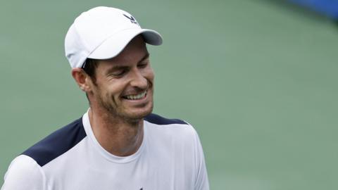 Andy Murray smiles on court during his last-16 match against Taylor Fritz at the Citi Open.