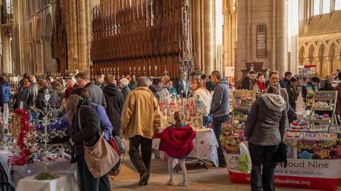 Shoppers inside the cathedral