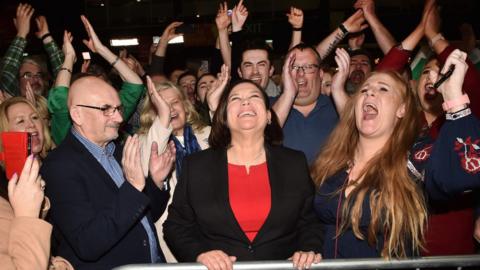 Mary Lou McDonald, centre, with Sinn Féin supporters