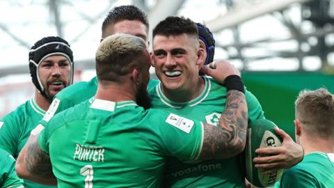 Dan Sheehan celebrates one of his tries