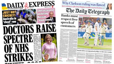 The headline in the Daily Express: "Doctors raise spectre of NHS strikes until 2025" and the headline in The Daily Telegraph reads: "Banks must respect free speech of customers"