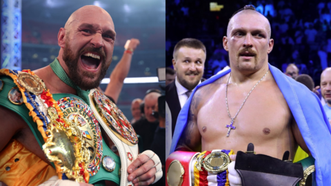 Tyson Fury and Oleksandr Usyk hold their belts in side by side pictures