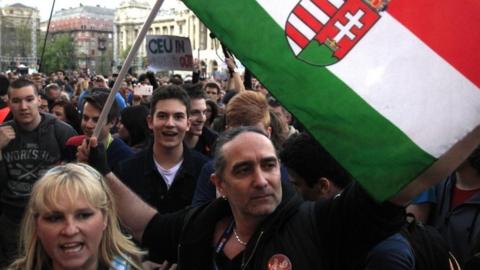 Demonstrators protest against what they say are plans to close the Central European University (09 April 2017)