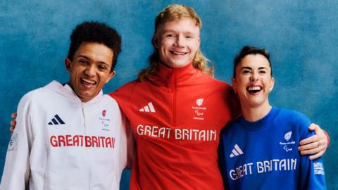 Paralympic athletes Thomas Young, Zak Skinner and Olivia Breen at the kit launch.