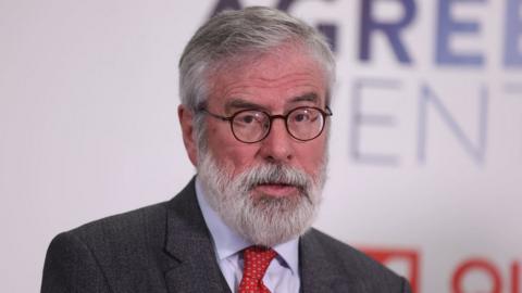 Former Sinn Fein president Gerry Adams speaks to the media at the three-day international conference at Queen's University Belfast to mark the 25th anniversary of the Belfast/Good Friday Agreement. Picture date: Monday April 17, 2023.