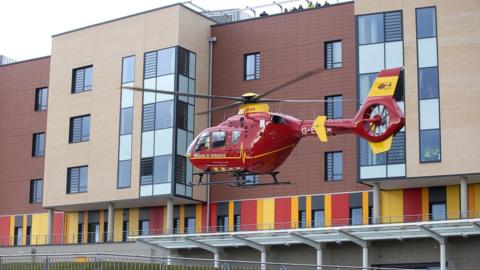 A Midlands Air Ambulance arriving at the Royal Stoke University Hospital