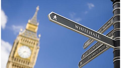 A Whitehall signpost with Big Ben in the background