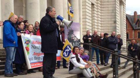 PCS general secretary, Mark Serwotka, addressing members at a rally outside the National Museum in Cardiff