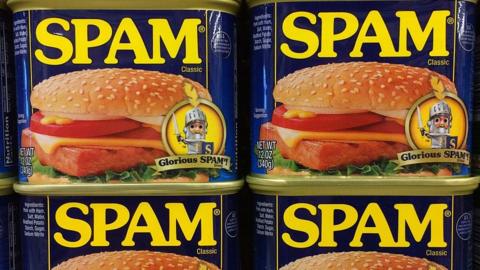 Cans of Spam on a grocery shelf. The brand's owner Hormel capped off its seventh straight record-selling year.