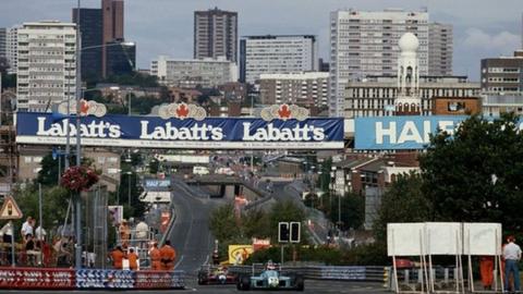 Philippe Favre drives through the streets of Birmingham at Birmingham Super Prix in 1990