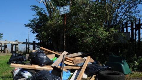File image showing fly-tipping of rubbish bags and timber in Ealing under sign forbidding dumping