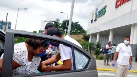 Entrance of the IESS Hospital Los Ceibos in Guayaquil, Ecuador, on April 13, 2020