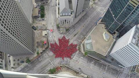 Thousands gather to create "largest living maple leaf"