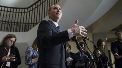 democratic Representative from California and Ranking Member of the House Permanent Select Committee on Intelligence Adam Schiff (C) delivers remarks to members of the news media following a meeting of the House Permanent Select Committee on Intelligence, on Capitol Hill