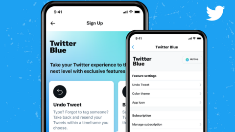 A phone mock-up shows the Twittter blue sign-up subscription screens