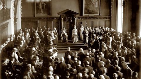 King George V and Queen Mary inside City Hall with members of the new Northern Ireland parliament